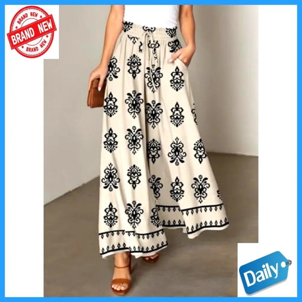Women's Elastic Waist Wide Leg Pants with Pockets Casual Comfort - Picture 2 of 7